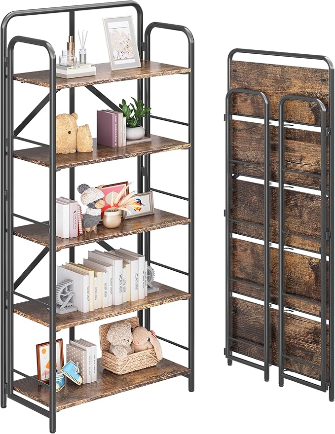 4NM No Assembly Folding Bookshelf, 5 Tiers Collapsible Book Shelves Open Industrial Foldable Storage Bookcase Shelf for Bedroom, Living Room, Home Office - Rustic Brown and Black