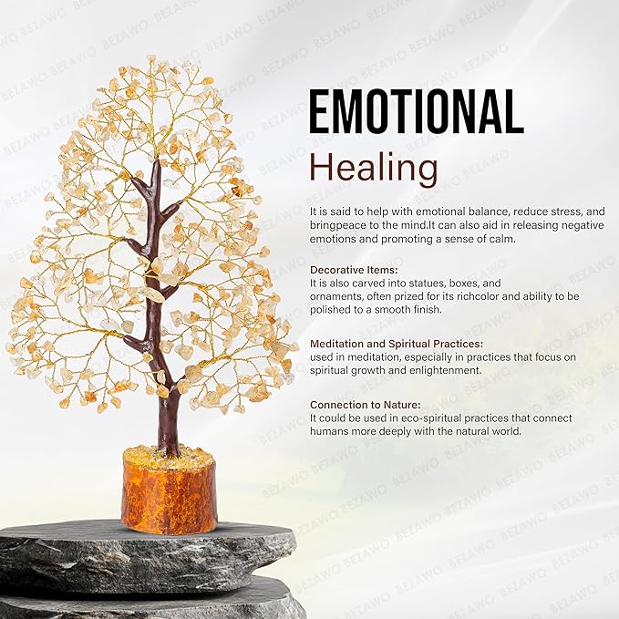 Crocon Citrine Gemstone Tree Feng Shui Figurine Money Bonsai Chakra Balancing Good Luck Prosperity Reiki Healing Crystals Decoration Ornament Sculpture Table Decor Gift Size 10-12"""