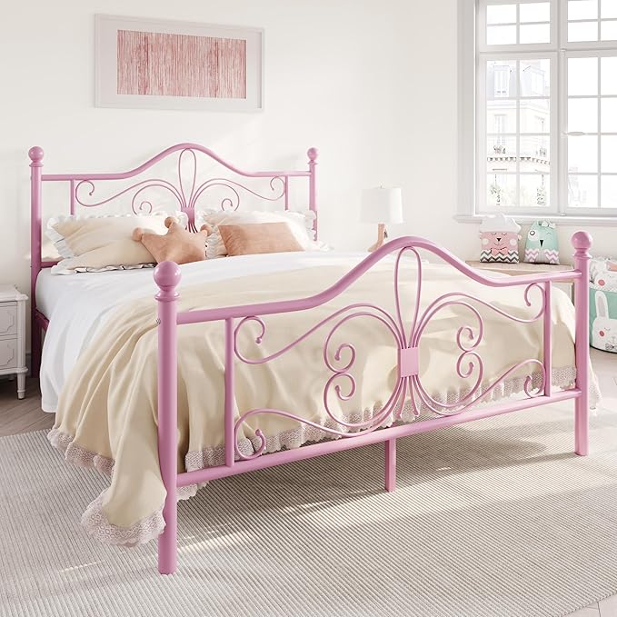 SHA CERLIN Queen Size Bed Frame for Kids,Metal Bed Frame with Butterfly Pattern Design Headboard and Footboard,No Box Spring Needed,Easy Assembly,Pink
