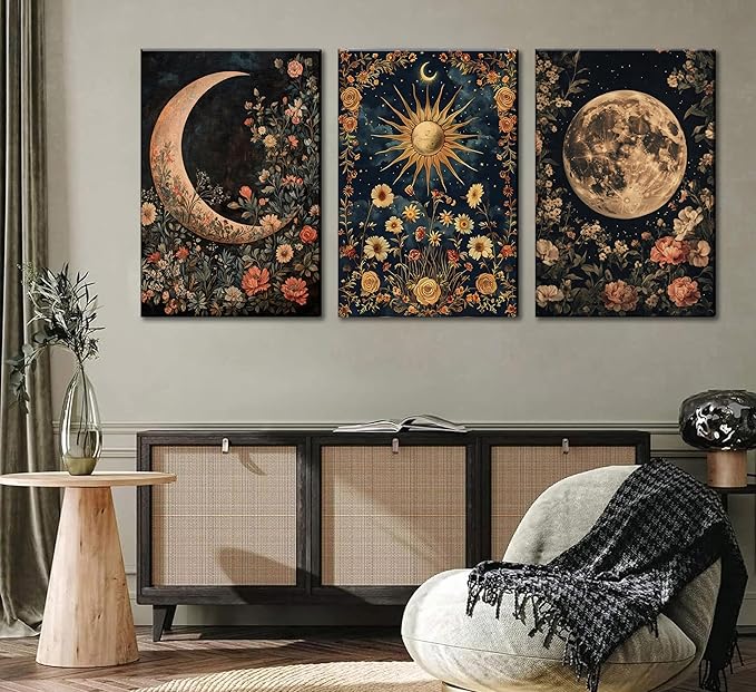 3Pcs Sun and Moon Celestial Canvas Wall Art Vintage Gothic Mystical Crescent Floral Plant Dark Academia Painting Picture Wall Decor Posters Print Artwork for Living Room Bedroom Decoration(24L" x 16W"-Canvas)