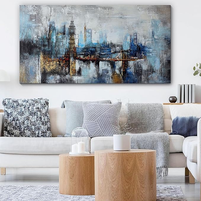 Pogusmavi Large Wall Art for Bedroom Abstract City View Canvas Art Modern Home Decor Gray Blue Buildings Prints for Bedroom Wall Art Office Artwork Wall Decor for Living Room Decor 29x58 inches