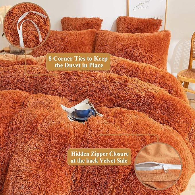 XeGe Fluffy Faux Fur Duvet Cover Set, Luxury Ultra Soft Plush Shaggy Terracotta Bedding Set 3 Pieces Velvet(1 Fuzzy Comforter Cover + 2 Furry Pillow Cases), Zipper Closure (Queen, Burnt Orange)