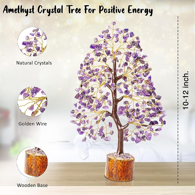 Amethyst Chakra Tree of Life - Crystal Tree for Positive Energy, Feng Shui Decor - Handmade Gemstone Tree, Good Luck Money Bonsai, Purple Healing Crystals, Meditation Stone, Spiritual Mystical Gift