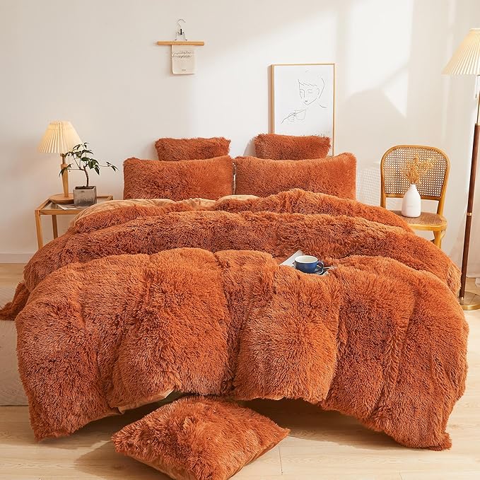 XeGe Fluffy Faux Fur Duvet Cover Set, Luxury Ultra Soft Plush Shaggy Terracotta Bedding Set 3 Pieces Velvet(1 Fuzzy Comforter Cover + 2 Furry Pillow Cases), Zipper Closure (Queen, Burnt Orange)