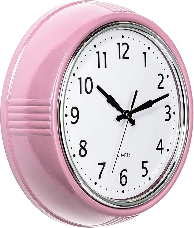 Bernhard Products Retro Wall Clock 12 Inch Pink Kitchen 50's Vintage Design Round Silent Non Ticking Battery Operated Quality Quartz for Home Office Baby Nursery Girls Room Classroom, Easy to Read