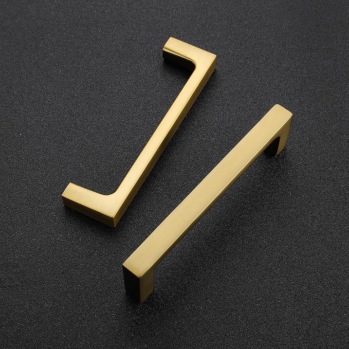 Ravinte 10 Pack Solid 3-3/4 Inch Square Cabinet Handles - Brushed Brass Pulls for Kitchen Drawers and Cabinets - Hardware