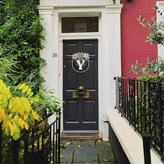 Circular Surname Front Door Welcome Sign - 26 Letter House Wreath, Front Porch Decorations, Year-Round Home Decor (Y)