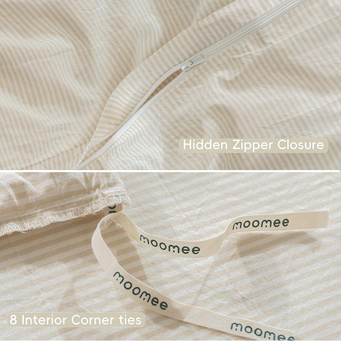 MooMee Striped Duvet Cover Set 100% Washed Cotton Linen Like Textured Breathable Durable Soft Comfy (Almond Milk Grey Pinstripes, Super Queen 90"x98")