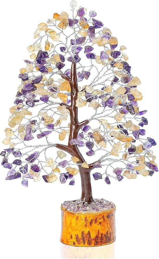 Amethyst & Citrine Crystal Tree of Life - Chakra Tree for Positive Energy, Handmade Gemstone Feng Shui Decor - Good Luck Money Bonsai, Healing Crystals Decoration Ornament, Spiritual Gift