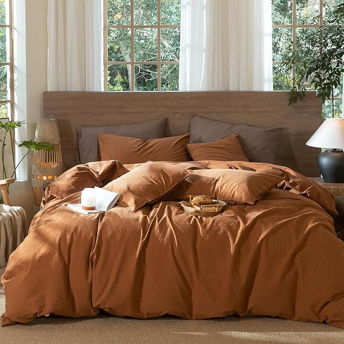 MooMee Wavy Striped Duvet Cover Set 100% Washed Cotton Linen Like Textured Breathable Durable Soft Comfy (Dark Orange, Super Queen 90"x98")