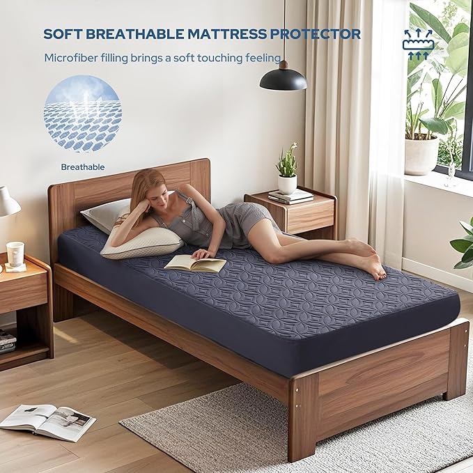 BEDLORE Waterproof Mattress Protector, Twin Size Mattress Pad with Deep Pocket 6"-15" Depth, Soft Dirt-Proof Double Bed Mattress Cover for Bedroom, College Dorm, Hotel (Navy Blue)
