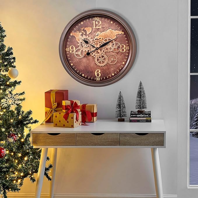 CLXEAST 24 Inch Large Wall Clock with Moving Gears, Industrial Clocks with World Map Dial, Oversized Cool Wall Clock for Living Room Decor,Oil Rubbed Bronze Brown