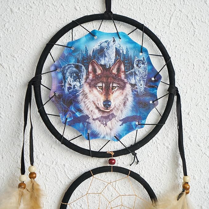 Remorelt Wolf Eagle Bear Dream Catcher Bedroom Wall Decor, Christmas Home Decoration, Room Accessory, White Moon Feather Decoration - Unique Home Craft Wall Pendant (DC03 13inch Set 3 Wolves)