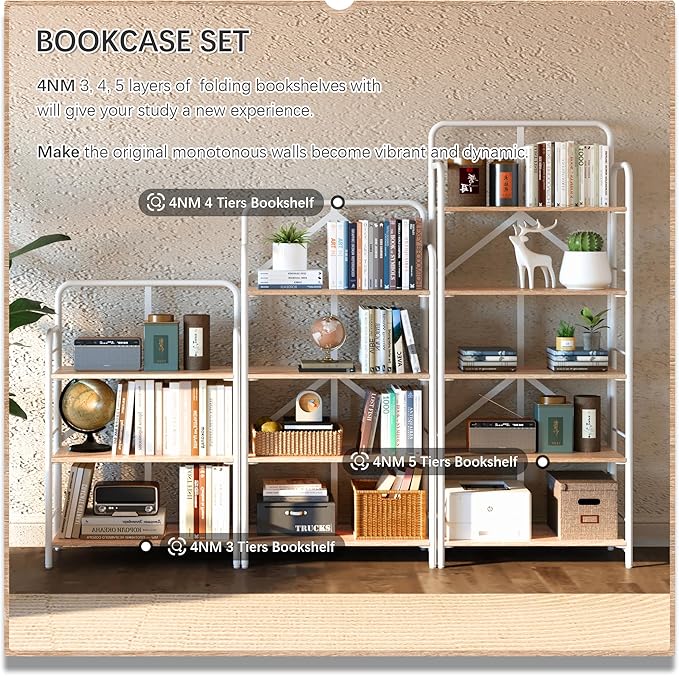 4NM No Assembly Folding Bookshelf, 5 Tiers Collapsible Book Shelves Open Industrial Foldable Storage Bookcase Shelf for Bedroom, Living Room, Home Office - Natural and White