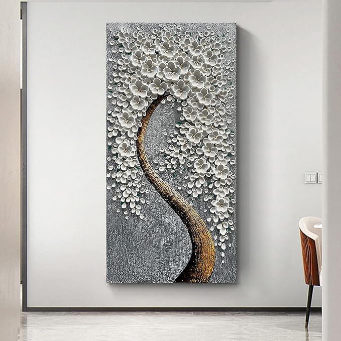 100% Hand-Painted 3D White Vertical Abstract Flower Tree Painting, Canvas Texture Mural, Living Room, Bedroom, Dining Room Mural 24x48 inchs