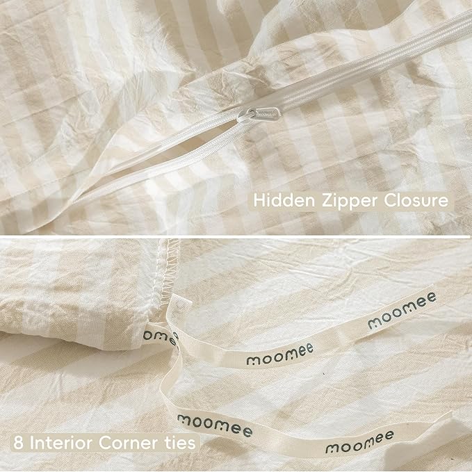 MooMee Striped Duvet Cover Set 100% Washed Cotton Linen Like Textured Breathable Durable Soft Comfy (Almond Milk Grey Classic Stripes, Palatial King/Oversized King 120"x98")