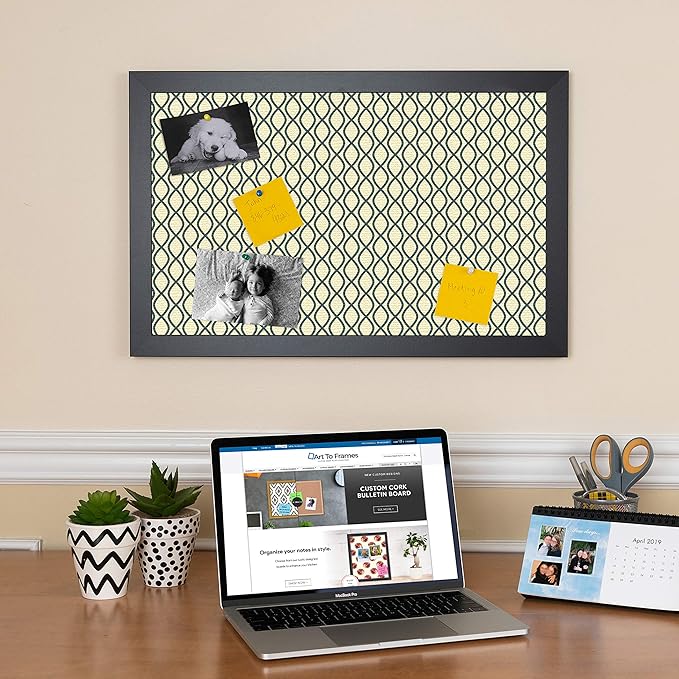 PinPix 18x15 Inch Cork Bulletin Board. This Decorative Framed Pin Board Comes with Yellow and Blue Waves Design and a Satin Black Frame. Ideal for Home Office Decor or Message Board (PinPix-321)