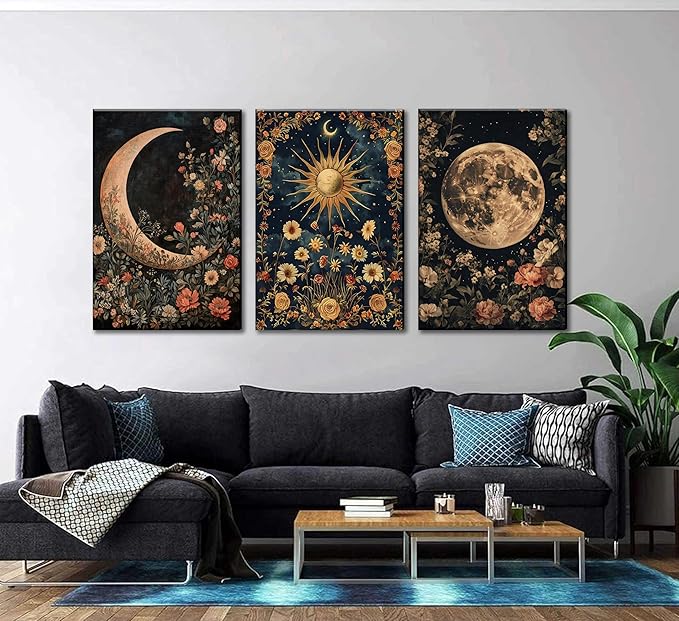 3Pcs Sun and Moon Celestial Canvas Wall Art Vintage Gothic Mystical Crescent Floral Plant Dark Academia Painting Picture Wall Decor Posters Print Artwork for Living Room Bedroom Decoration (16L" x 12W"-Canvas)