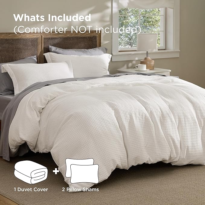 Bedsure Luxury Waffle Duvet Cover Queen Size - Textured Duvet Cover Set, Soft, Breathable Bedding Set (90"x90") with 2 Pillow Shams for All Season, Irovy White, Comforter Not Included