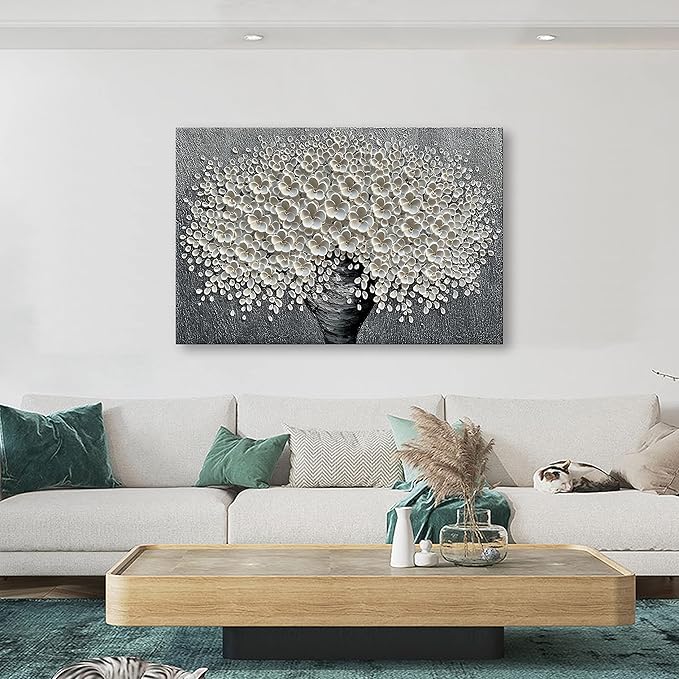 Epicler 30x45 inch Hand-Painted Oil Painting, White Bouquet Oil Painting, Canvas Wall Decoration Painting.