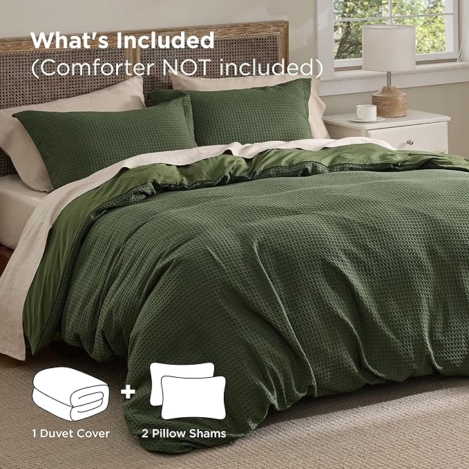 Bedsure Luxury Waffle Duvet Cover Queen Size - Textured Duvet Cover Set, Soft, Breathable Bedding Set (90"x90") with 2 Pillow Shams for All Season, Olive Green, Comforter Not Included