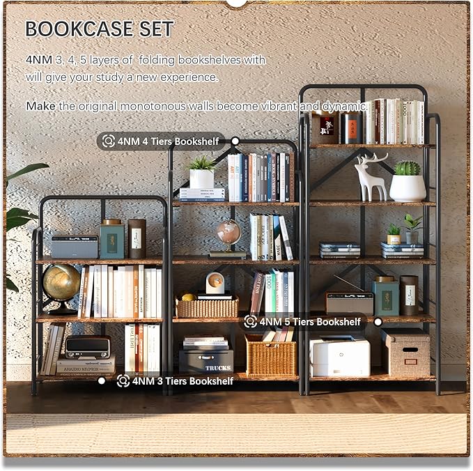 4NM No Assembly Folding Bookshelf, 5 Tiers Collapsible Book Shelves Open Industrial Foldable Storage Bookcase Shelf for Bedroom, Living Room, Home Office - Rustic Brown and Black