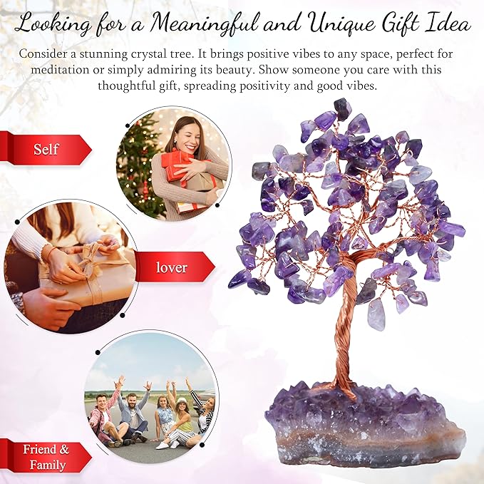 Amethyst Crystal Tree with Cluster Base Tree of Life Decor for Shelf, Bedroom, Birthday Gifts for Women, Sister Gift, Birthday Gifts for Mom, Cute Home Office Decor Purple Housewarming Present