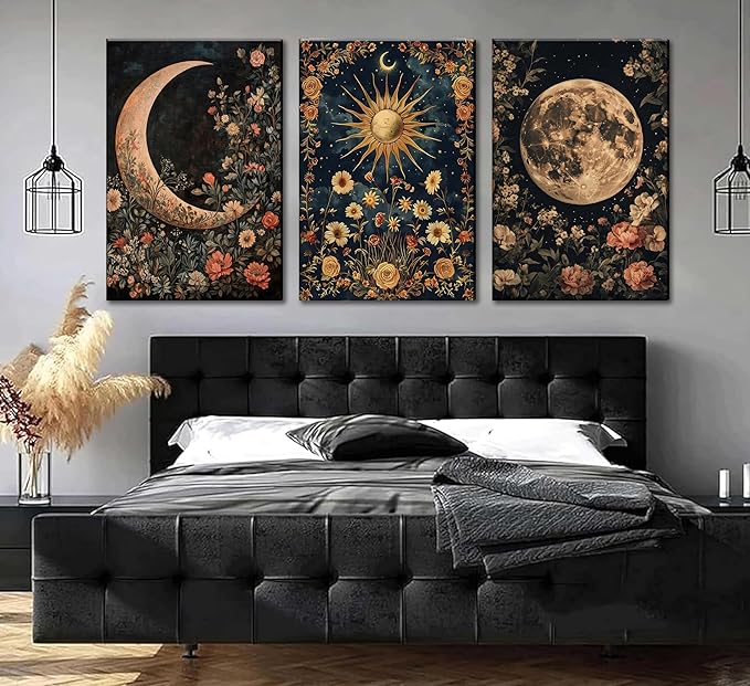 3Pcs Sun and Moon Celestial Canvas Wall Art Vintage Gothic Mystical Crescent Floral Plant Dark Academia Painting Picture Wall Decor Posters Print Artwork for Living Room Bedroom Decoration (16L" x 12W"-Canvas)