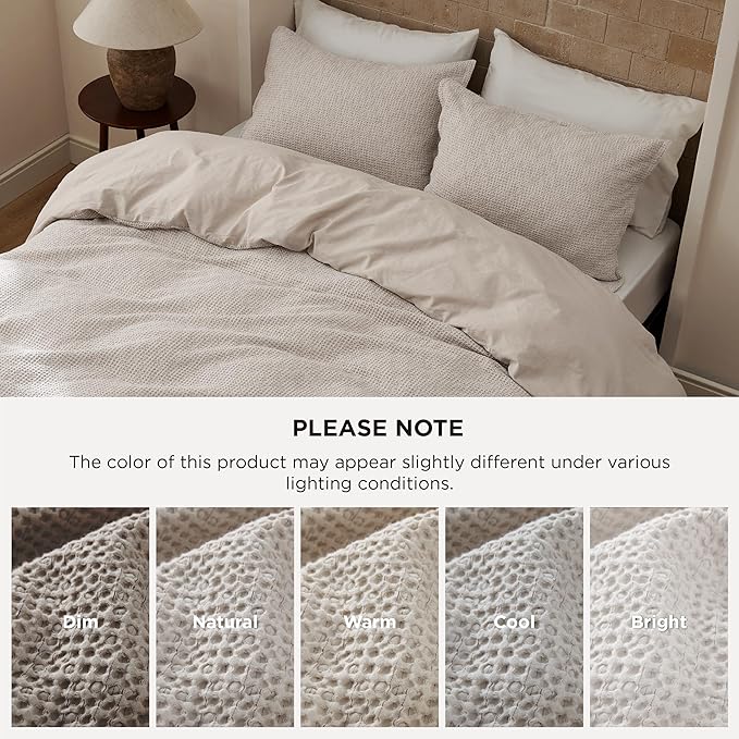 Bedsure Waffle Duvet Cover Queen - Pure Cotton Duvet Cover Linen Color, Space-Dyed for Enhanced Bedroom Aesthetics, GentleSoft™ and Stylish All-Season, 3-Piece Bedding Set with Button Closure, 90"x90"