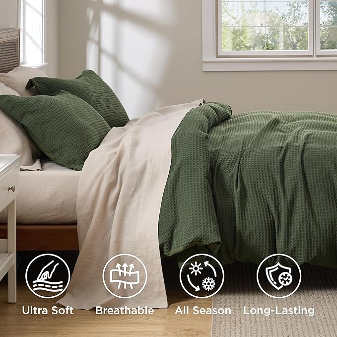 Bedsure Luxury Waffle Duvet Cover Queen Size - Textured Duvet Cover Set, Soft, Breathable Bedding Set (90"x90") with 2 Pillow Shams for All Season, Olive Green, Comforter Not Included