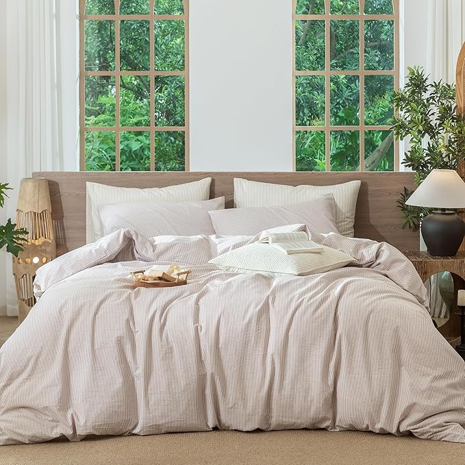MooMee Striped Duvet Cover Set 100% Washed Cotton Linen Like Textured Breathable Durable Soft Comfy (Orange Pinstripes, Palatial King/Oversized King 120"x98")