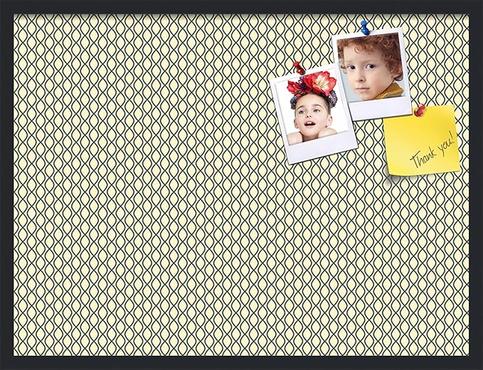 PinPix 32x24 Inch Cork Bulletin Board. This Decorative Framed Pin Board Comes with Yellow and Blue Waves Design and a Satin Black Frame. Ideal for Home Office Decor or Message Board (PinPix-321)