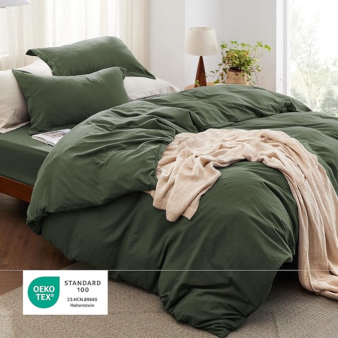 Bedsure Duvet Cover King Size with Fitted Sheet - 4 Pieces Prewashed Cotton-Like Polyester Extra Soft Bedding Set, Includes 1 Duvet Cover 104x90 Inches, 2 Pillow Shams, 1 Fitted Sheet, Olive Green