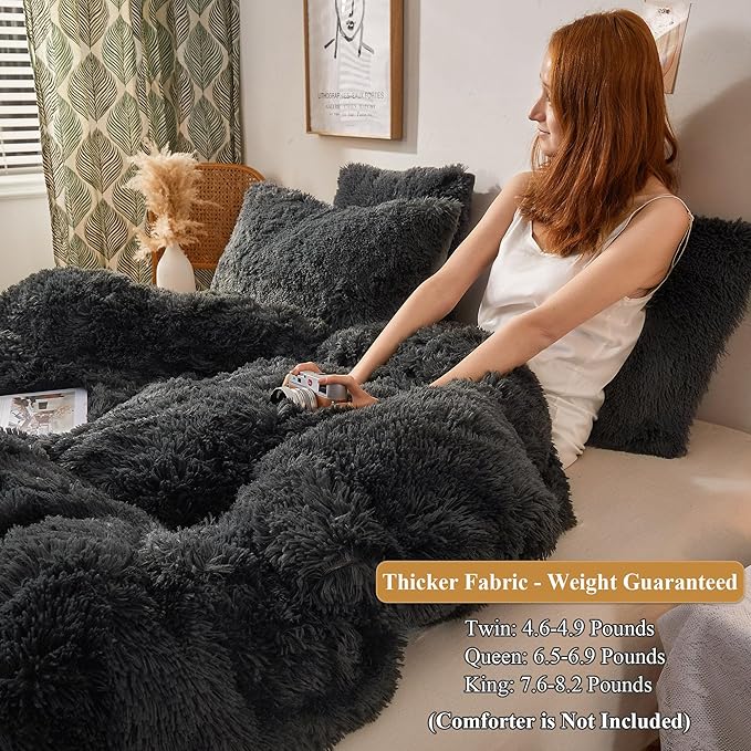 XeGe Plush Shaggy Duvet Cover Set, Luxury Ultra Soft Crystal Velvet Fluffy Bedding Sets 3 Pieces(1 Furry Faux Fur Comforter Cover + 2 Fuzzy Faux Fur Pillowcases), Zipper Closure(King, Dark Gray)