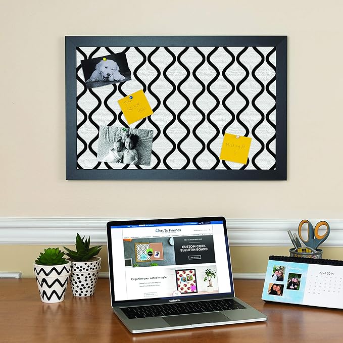 PinPix 17x17 Inch Cork Bulletin Board. This Decorative Framed Pin Board Comes with Black and White Waves Design and a Satin Black Frame. Ideal for Home Office Decor or Message Board (PinPix-194)