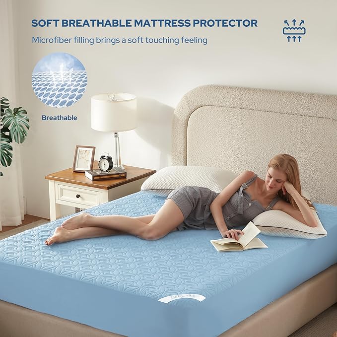 BEDLORE Waterproof Mattress Protector, Cal King Size Mattress Pad with Deep Pocket 6"-24" Depth, Soft Dirt-Proof Double Bed Mattress Cover for Bedroom, College Dorm, Hotel (Sky Blue)