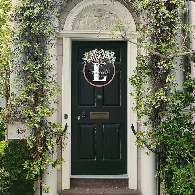 Circular Surname Front Door Welcome Sign - 26 Letter House Wreath, Front Porch Decorations, Year-Round Home Decor (L)