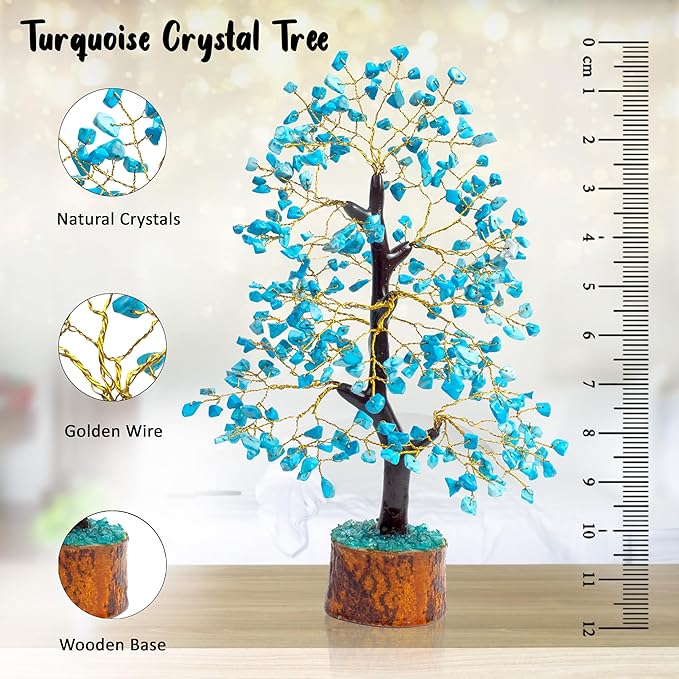 Crocon Turquoise Gemstone Tree Feng Shui Figurine Money Bonsai Good Luck Chakra Balancing Reiki Healing Crystals Decoration Ornament Sculpture Prosperity Table Decor Gift Size 10-12"""