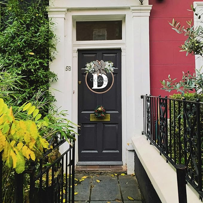 Circular Surname Front Door Welcome Sign - 26 Letter House Wreath, Front Porch Decorations, Year-Round Home Decor (D)