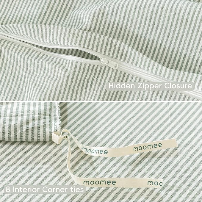 MooMee Striped Duvet Cover Set 100% Washed Cotton Linen Like Textured Breathable Durable Soft Comfy (Sage Green White Pinstripes, Cal King 104"x98")