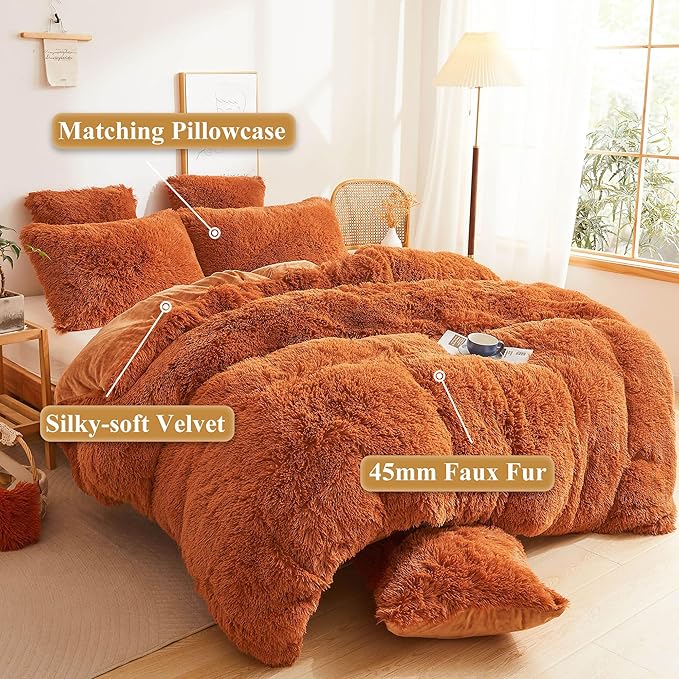 XeGe Fluffy Faux Fur Duvet Cover Set, Luxury Ultra Soft Plush Shaggy Terracotta Bedding Set 3 Pieces Velvet(1 Fuzzy Comforter Cover + 2 Furry Pillow Cases), Zipper Closure (Queen, Burnt Orange)