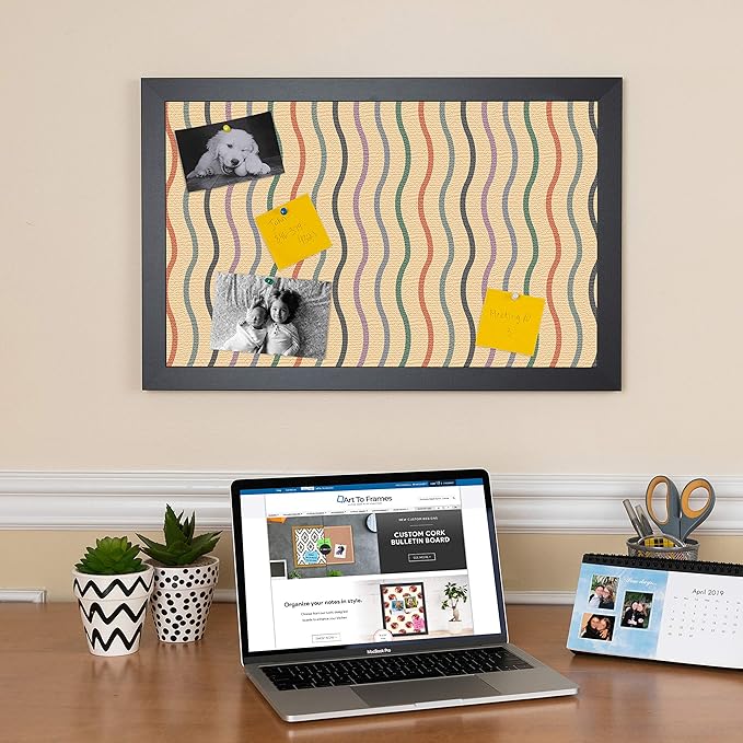 PinPix 24x18 Inch Cork Bulletin Board. This Decorative Framed Pin Board Comes with Multi Color Waves Design and a Satin Black Frame. Ideal for Home Office Decor or Message Board (PinPix-565)