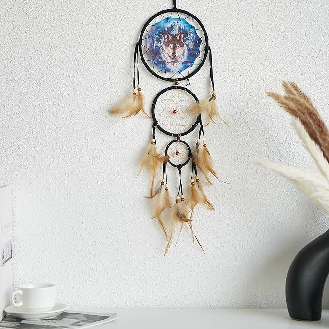 Remorelt Wolf Eagle Bear Dream Catcher Bedroom Wall Decor, Christmas Home Decoration, Room Accessory, White Moon Feather Decoration - Unique Home Craft Wall Pendant (DC11 6Inch Blue Moon Wolf)
