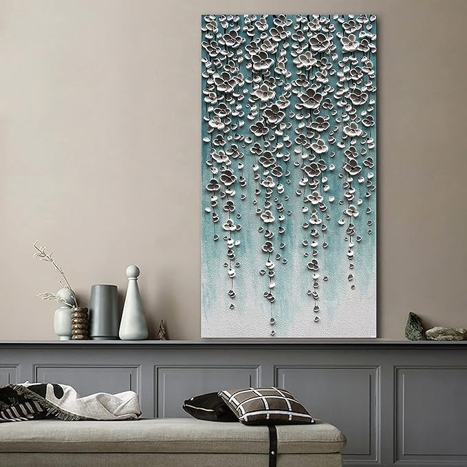 Epicler Large-Scale Oil Painting on Canvas Wall Art,46x23 inches Hand-Painted White Flower Wall Painting, Abstract Canvas Wall Art for Home Wall Decoration