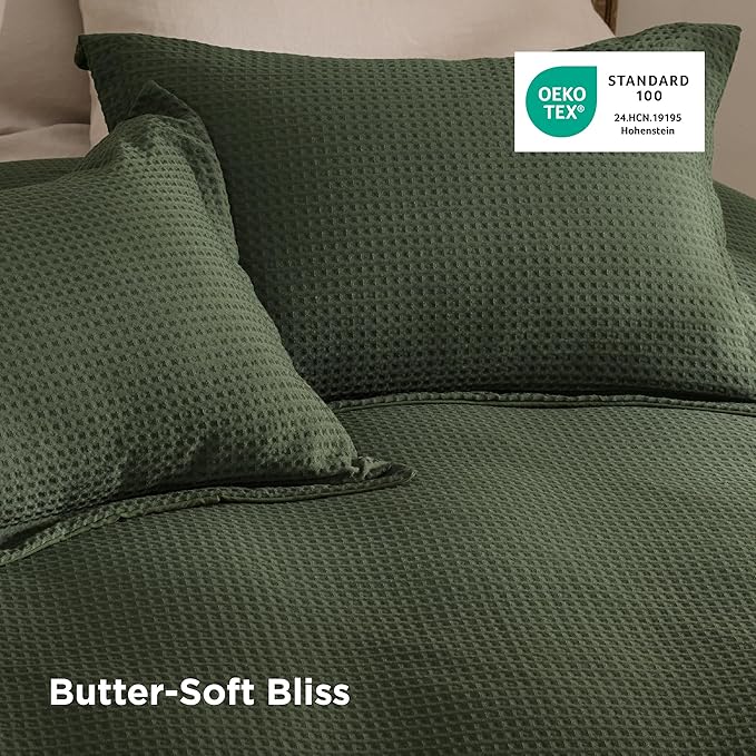 Bedsure Luxury Waffle Duvet Cover Queen Size - Textured Duvet Cover Set, Soft, Breathable Bedding Set (90"x90") with 2 Pillow Shams for All Season, Olive Green, Comforter Not Included