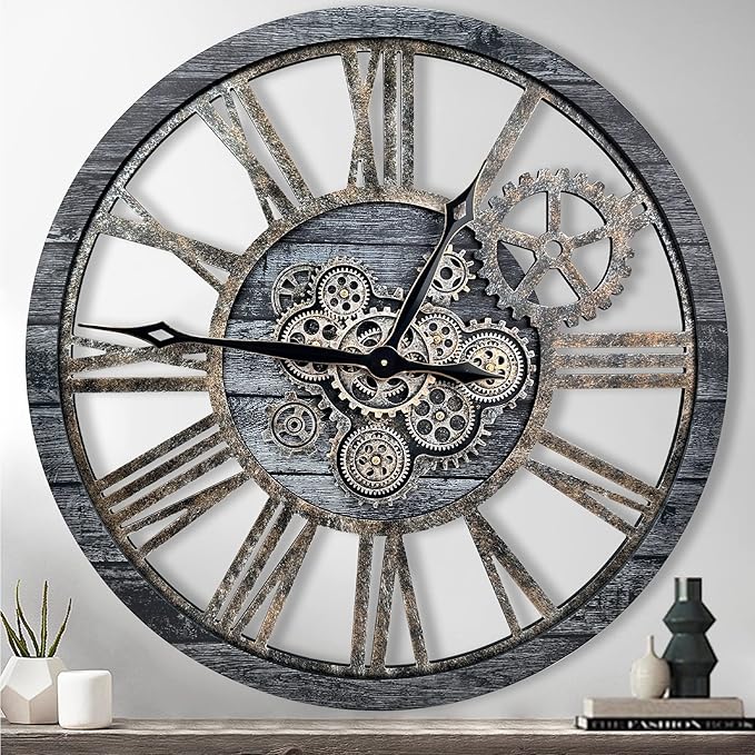 The B-Style Large Real Moving Gears Wall Clock 30 inch Rustic Retro Industrial Farmhouse Wood Clock Oversized Decorative Vintage Wall Clocks for Living Room (Carbon Gray)