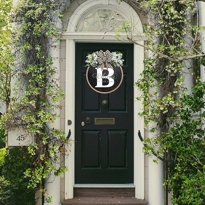 Circular Surname Front Door Welcome Sign - 26 Letter House Wreath, Front Porch Decorations, Year-Round Home Decor (B)