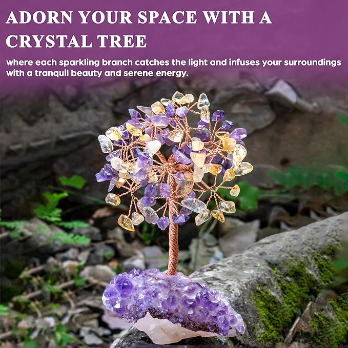 Amethyst & Citrine Crystal Tree with Cluster Base Tree of Life Decor for Shelf, Bedroom, Birthday Gifts for Women, Sister Gift, Birthday Gifts for Mom, Cute Home Office Decor Housewarming Present