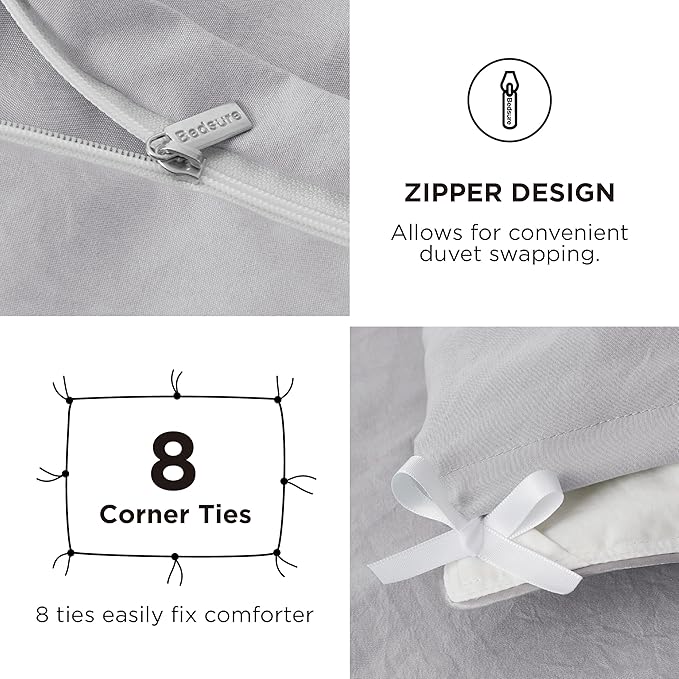 Bedsure Duvet Cover King Size with Fitted Sheet - 4 Pieces Prewashed Cotton-Like Polyester Extra Soft Bedding Set, Includes 1 Duvet Cover 104x90 Inches, 2 Pillow Shams, 1 Fitted Sheet, Light Grey
