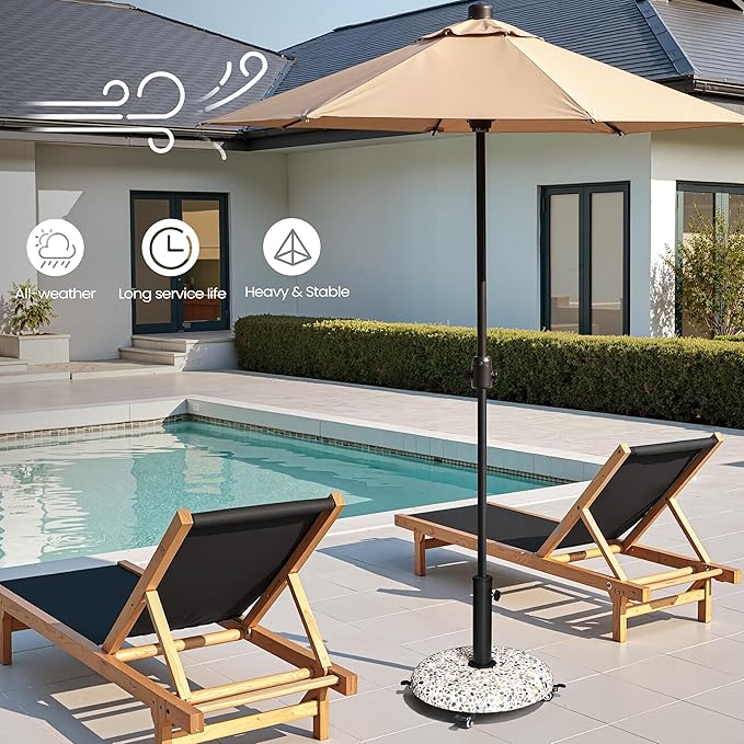 45lbs Patio Umbrella Base with 4 Wheels, Round Cobblestone Concrete Stand, Heavy Duty Market Umbrella Stand for Outdoor